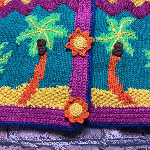 Vintage Marisa Christina XL 90s Hand Knit Beach Theme Pattern Cardigan Sweater - Picture 3 of 9
